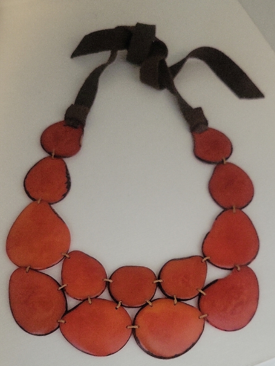 None Jewelry - Handcrafted Orange Tagua seed Statement Necklace with Ribbon Tie